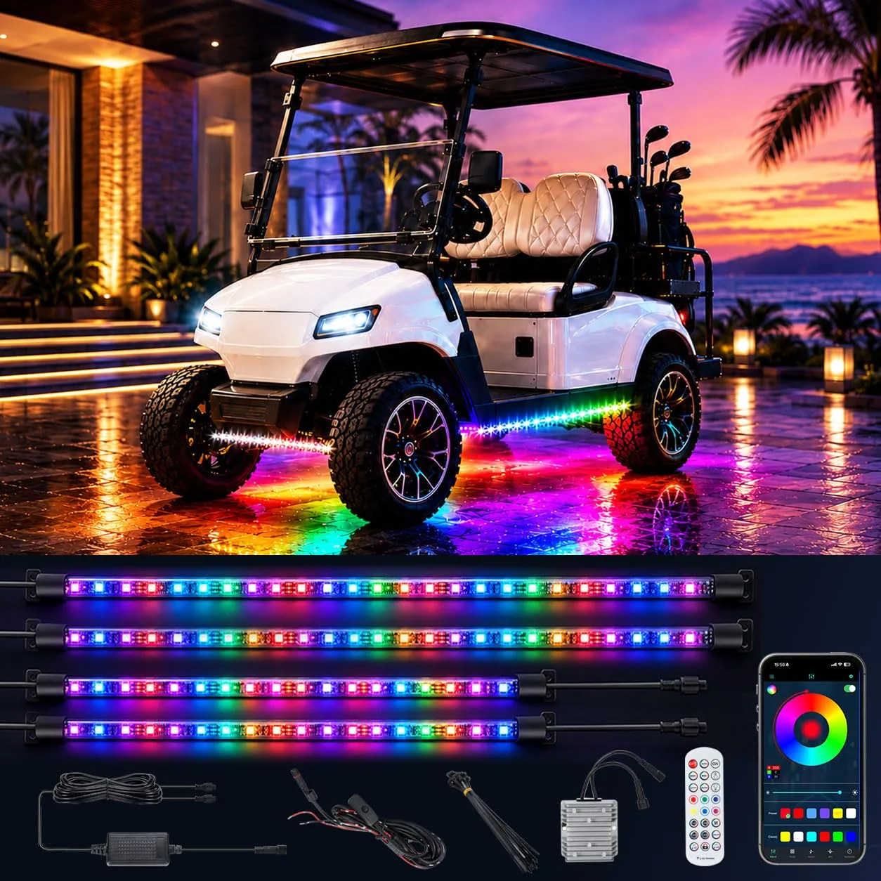 Roykaw Golf Cart LED Strip Light Kit, 4-Piece