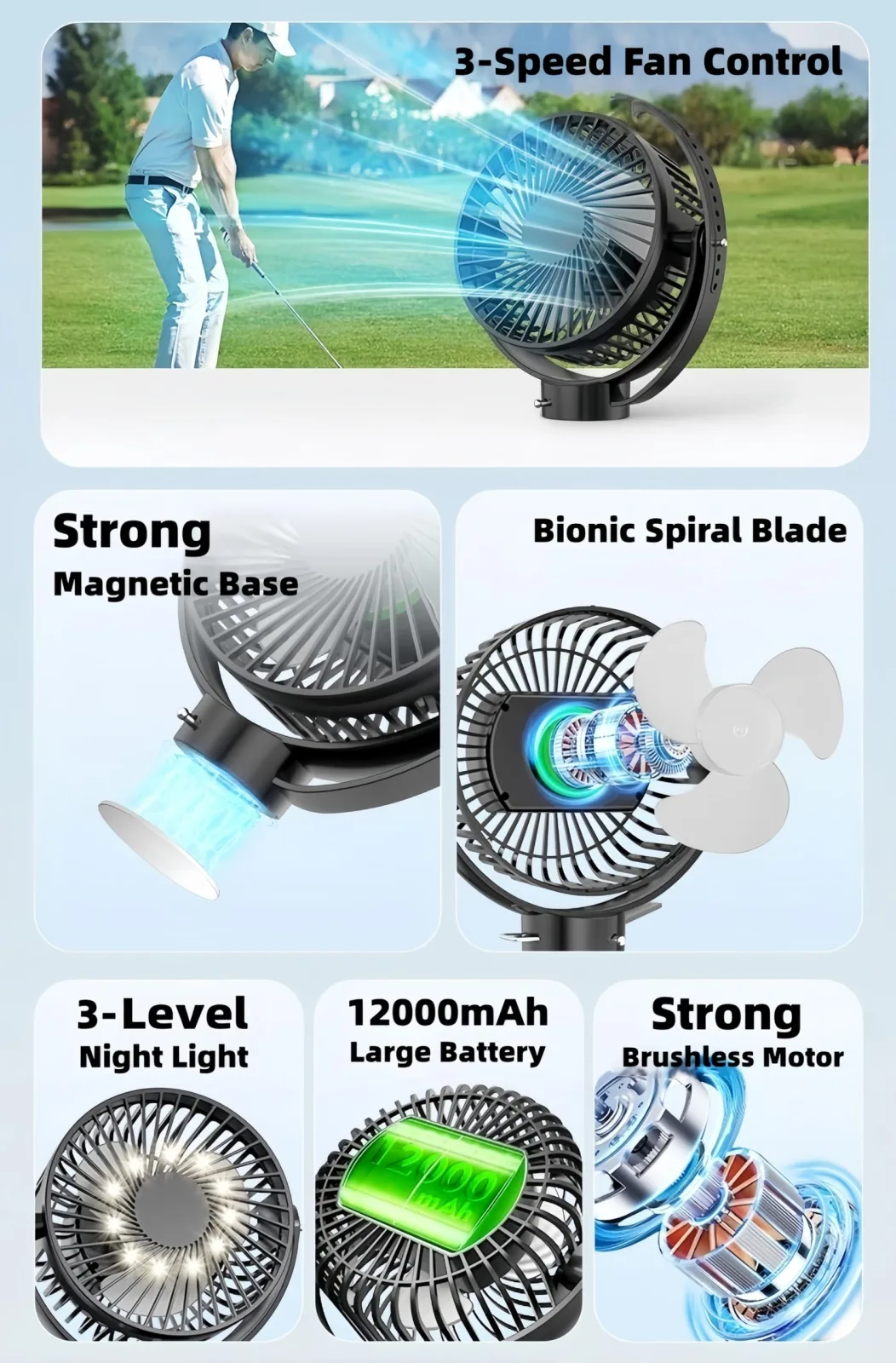 VENSWID Magnetic Golf Cart Fan — 12,000mAh Rechargeable (F176) image 4