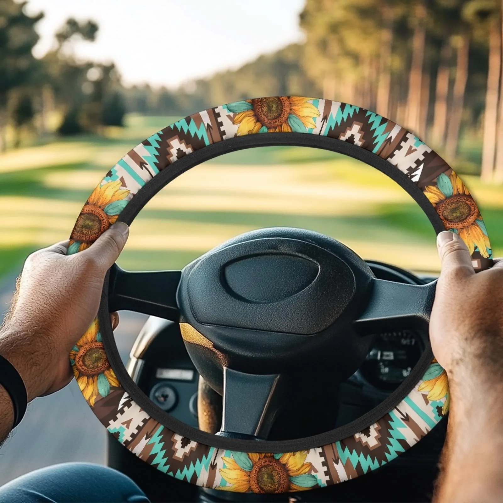 INSTANTARTS Aztec Sunflower Golf Cart Steering Wheel Cover