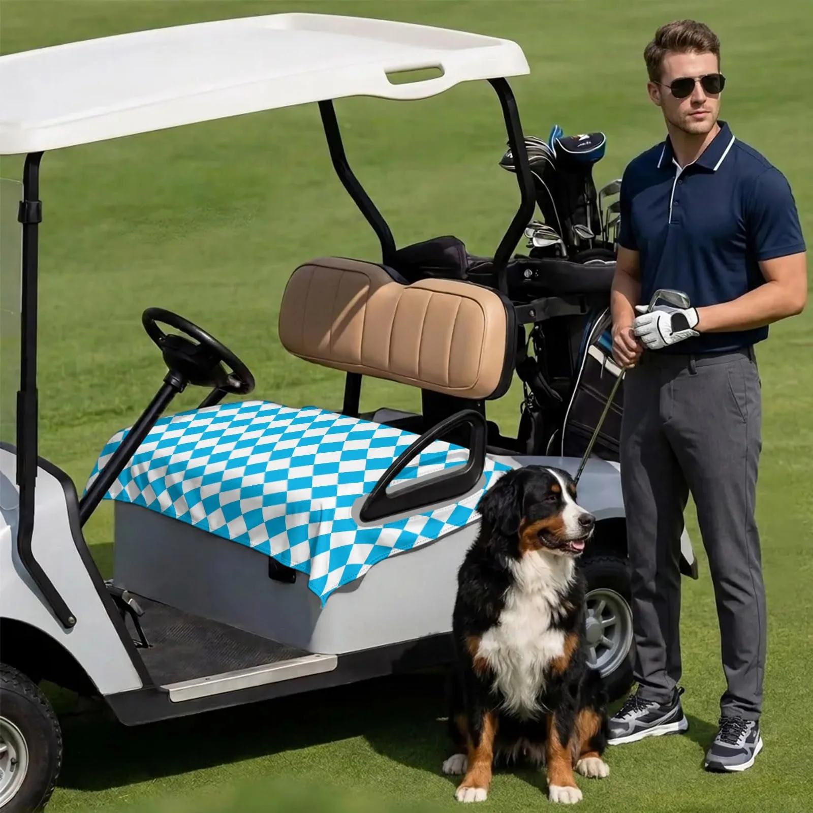 DecorLovee Sky Blue Plaid Golf Cart Seat Cover image 3