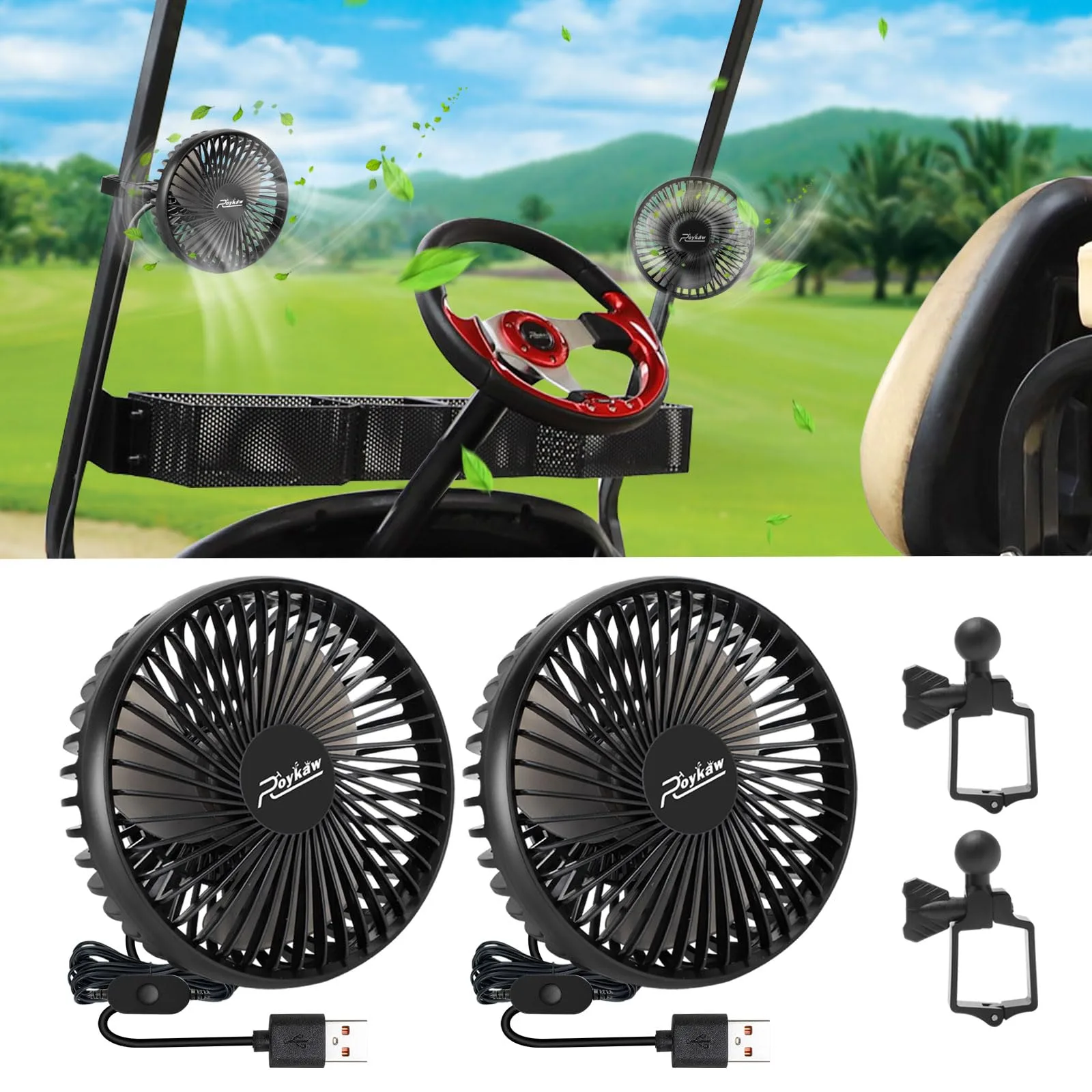 Roykaw G-0392F USB Golf Cart Fan for Square Frames