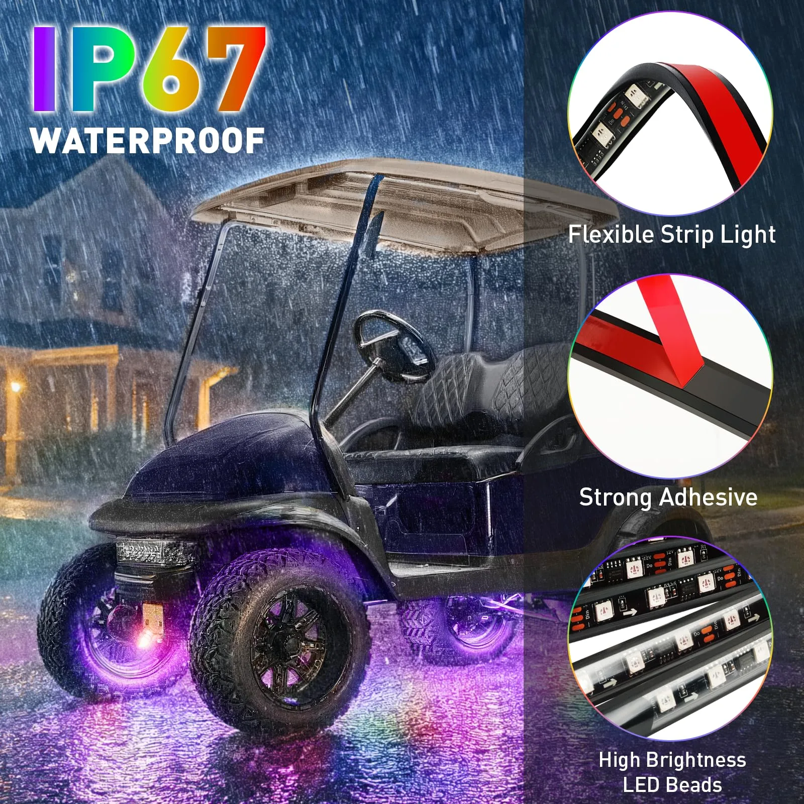 Golf Cart Underglow LED Light Strip Kit, 28 RGB Modes with Music Sync & Wireless Remote | 12-85V Wide Voltage, Fit Club Car, EZGO, Yamaha (2/4/6 PCS) image 4