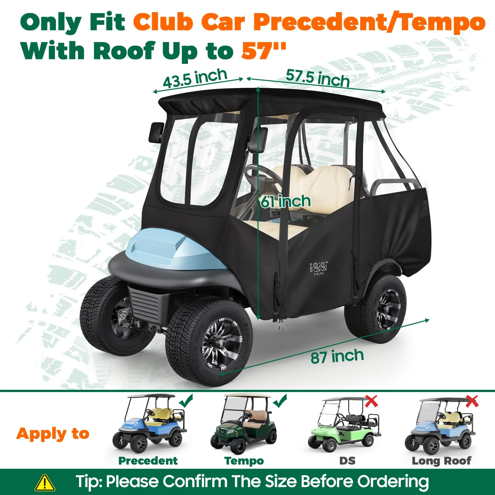 10L0L 4-Passenger Golf Cart Enclosure for Club Car Precedent (57" Roof) image 2