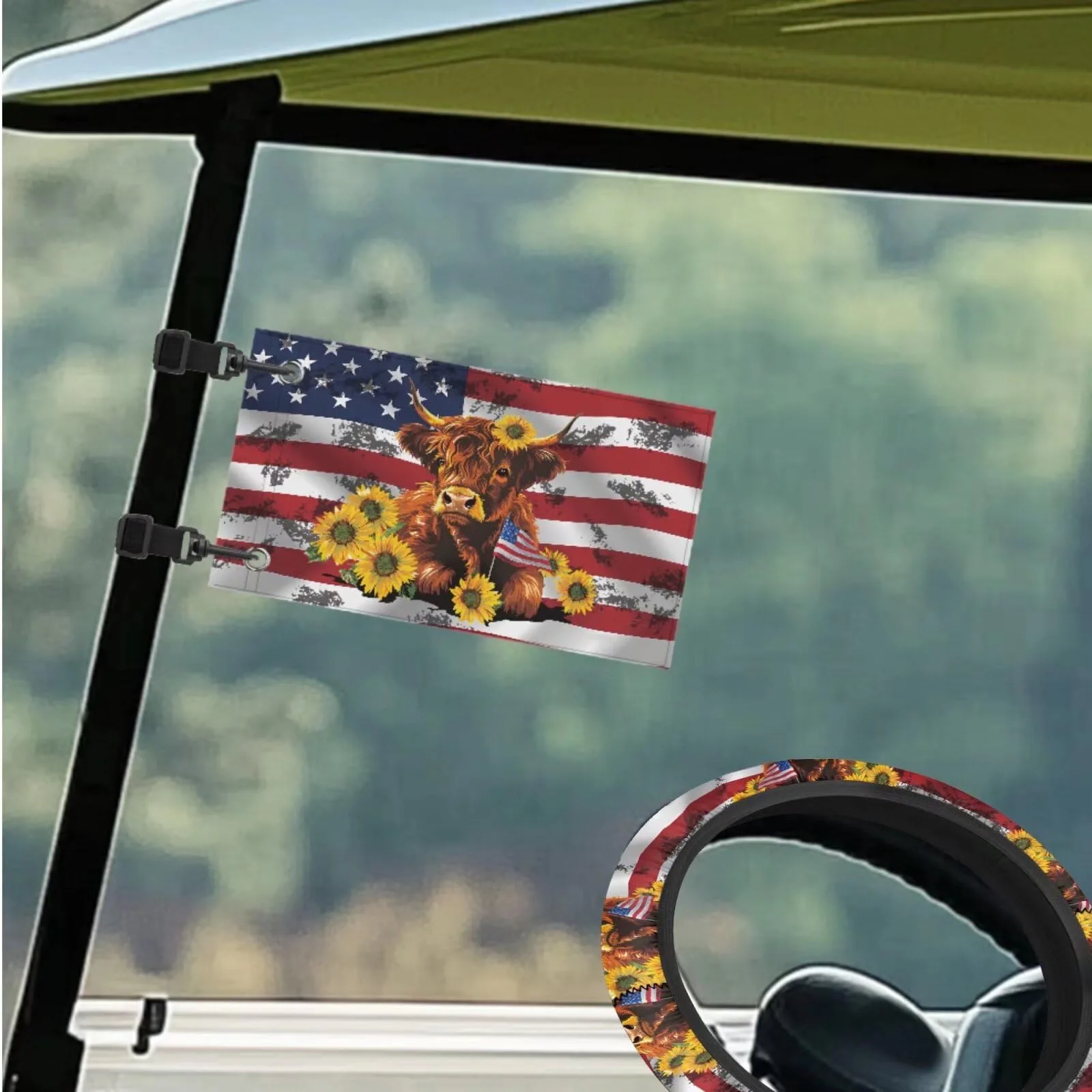 Boatee Golf Cart Seat & Steering Wheel Cover Set with Flags — Boat-CZ47+CZC7+CZC16-4-4 image 3