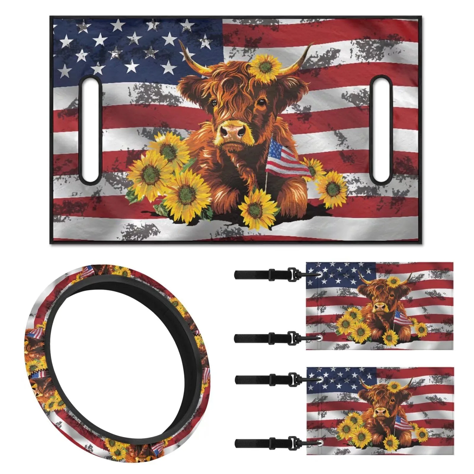 Boatee Golf Cart Seat & Steering Wheel Cover Set with Flags — Boat-CZ47+CZC7+CZC16-4-4