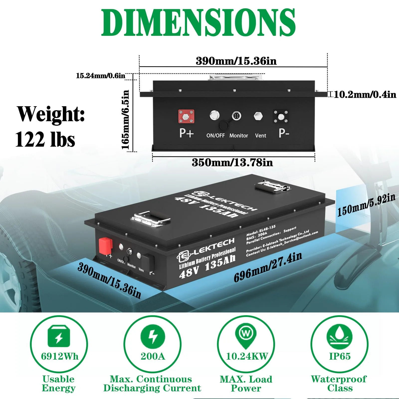 E-LekTech 48V 135Ah LiFePO4 Golf Cart Battery image 2