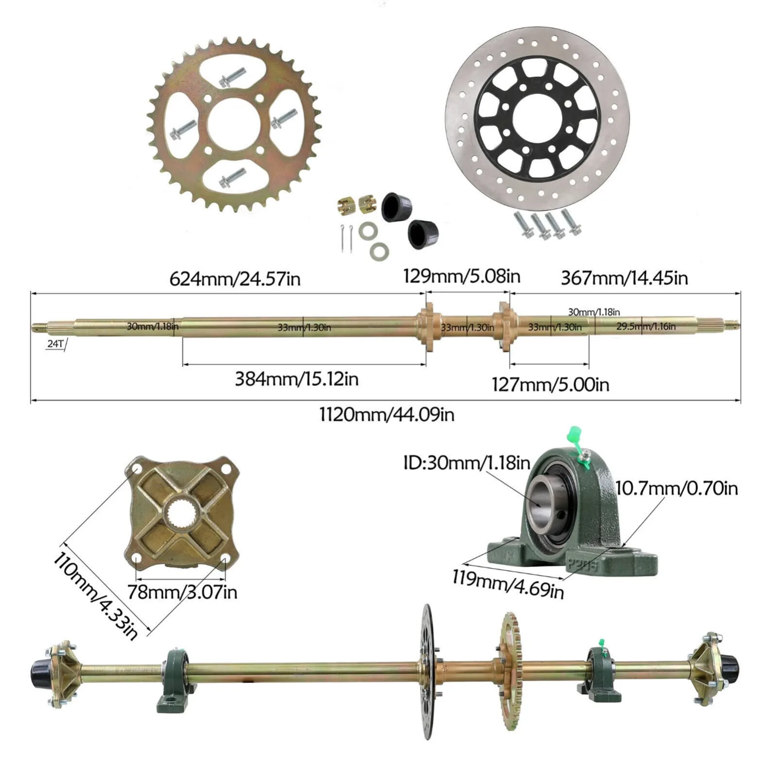91.SCS 44-Inch Go-Kart Rear Live Axle Kit with Brake image 4