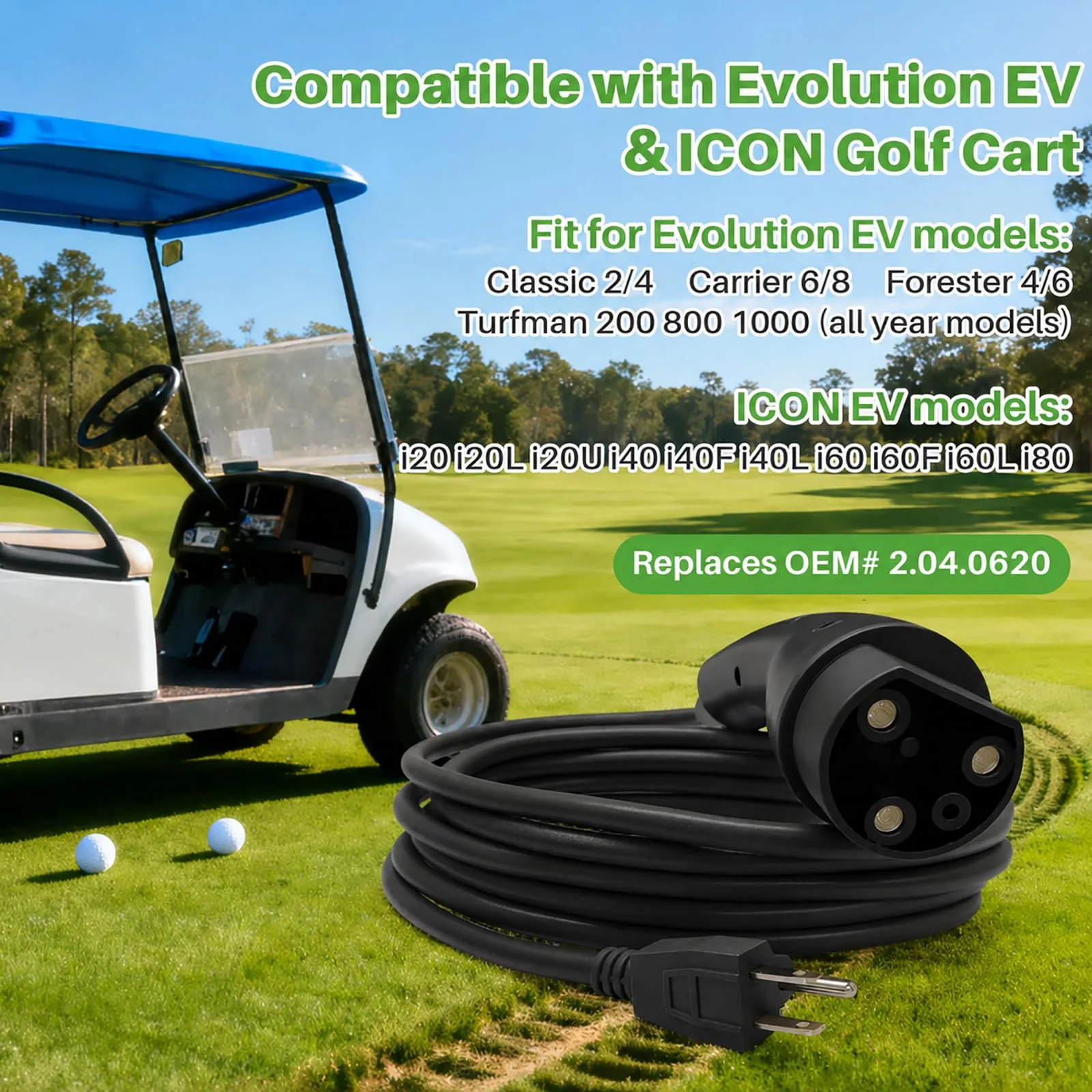 XINSTCO 120V 3‑Pin Charging Power Cord for Evolution & ICON Golf Carts image 4