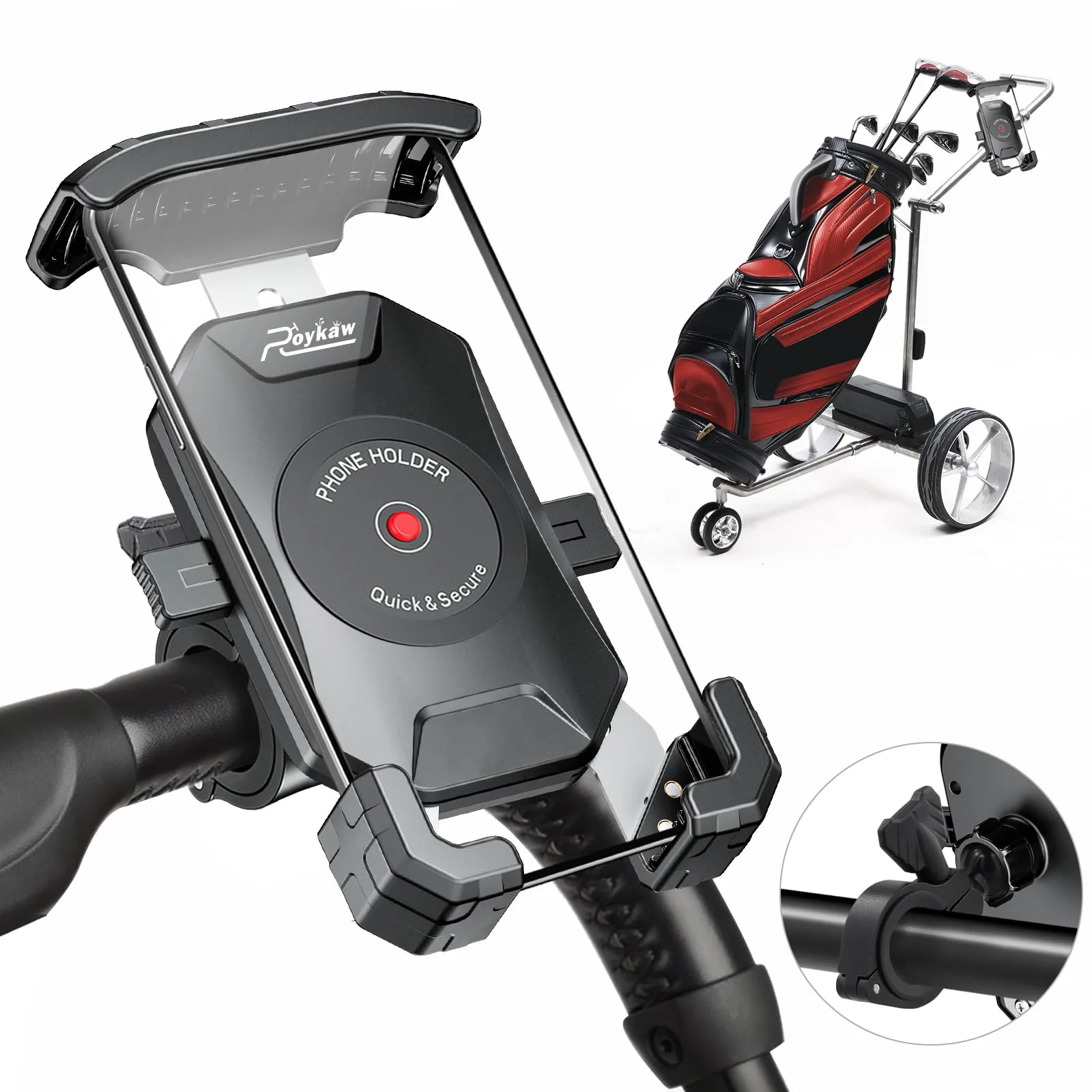 Roykaw Universal Golf Push Cart Phone Holder — 360° Rotating Mount