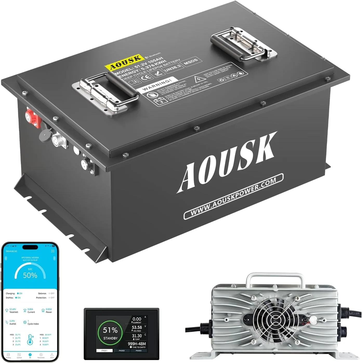 AOUSK 48V 105Ah Lithium Golf Cart Battery with Charger