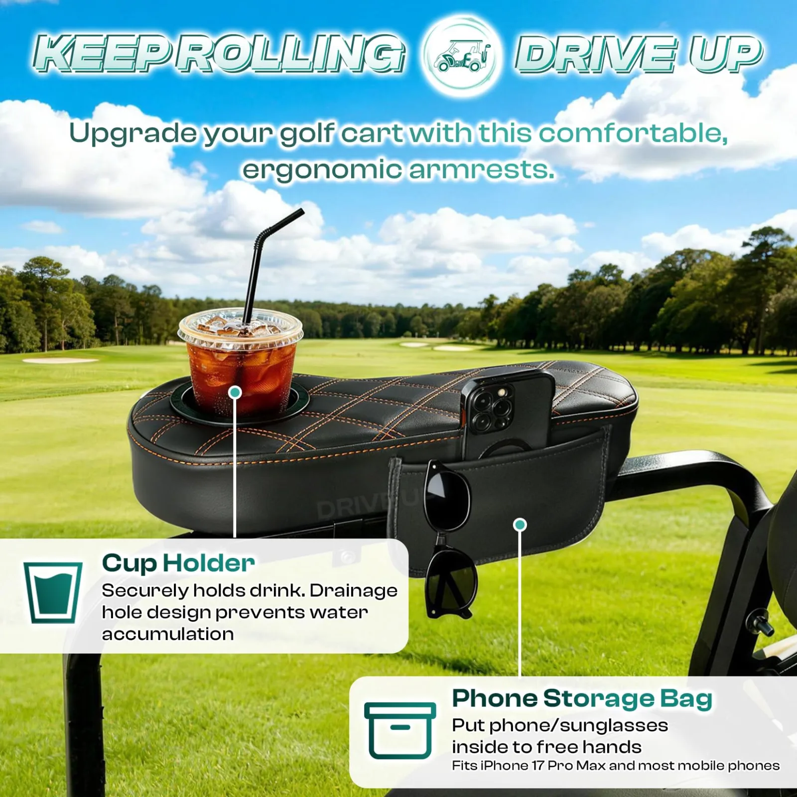 DRIVE UP Golf Cart Rear Seat Armrests with Cup Holders image 2