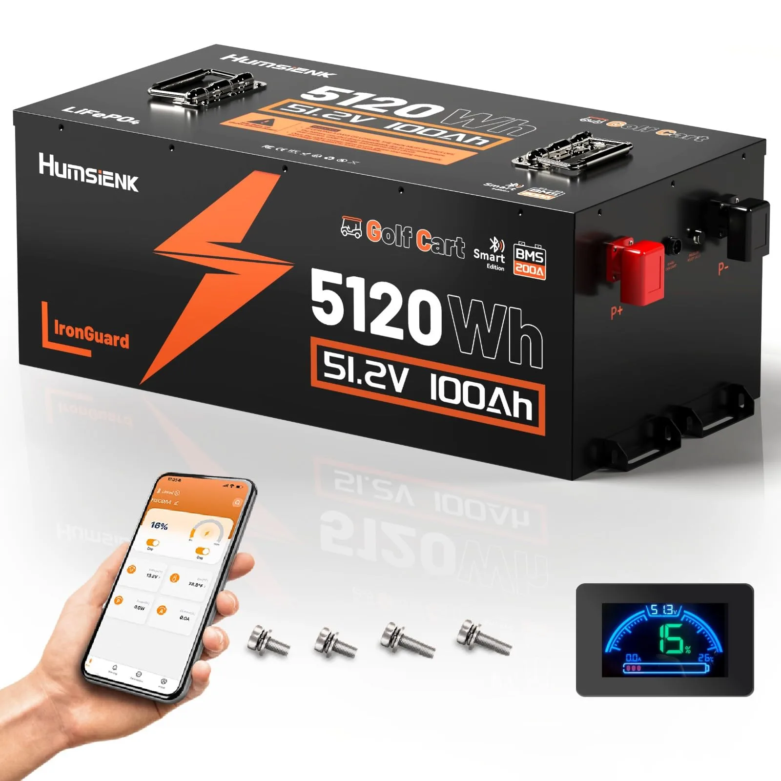 HumsiENK 48V 100Ah LiFePO4 Golf Cart Battery HS48V100AH200GCBTCYL