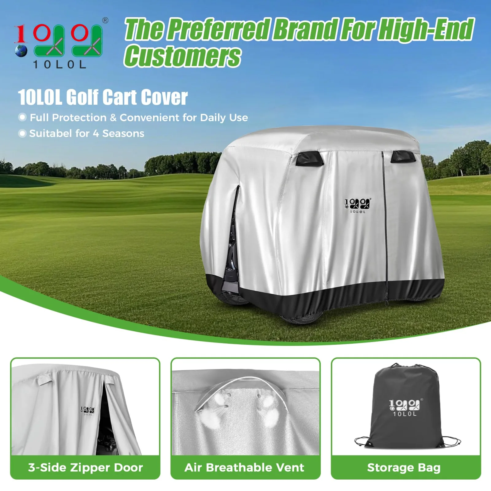 10L0L 4-Passenger Golf Cart Cover 112×48×73 in — 400D Polyester, Silver image 2