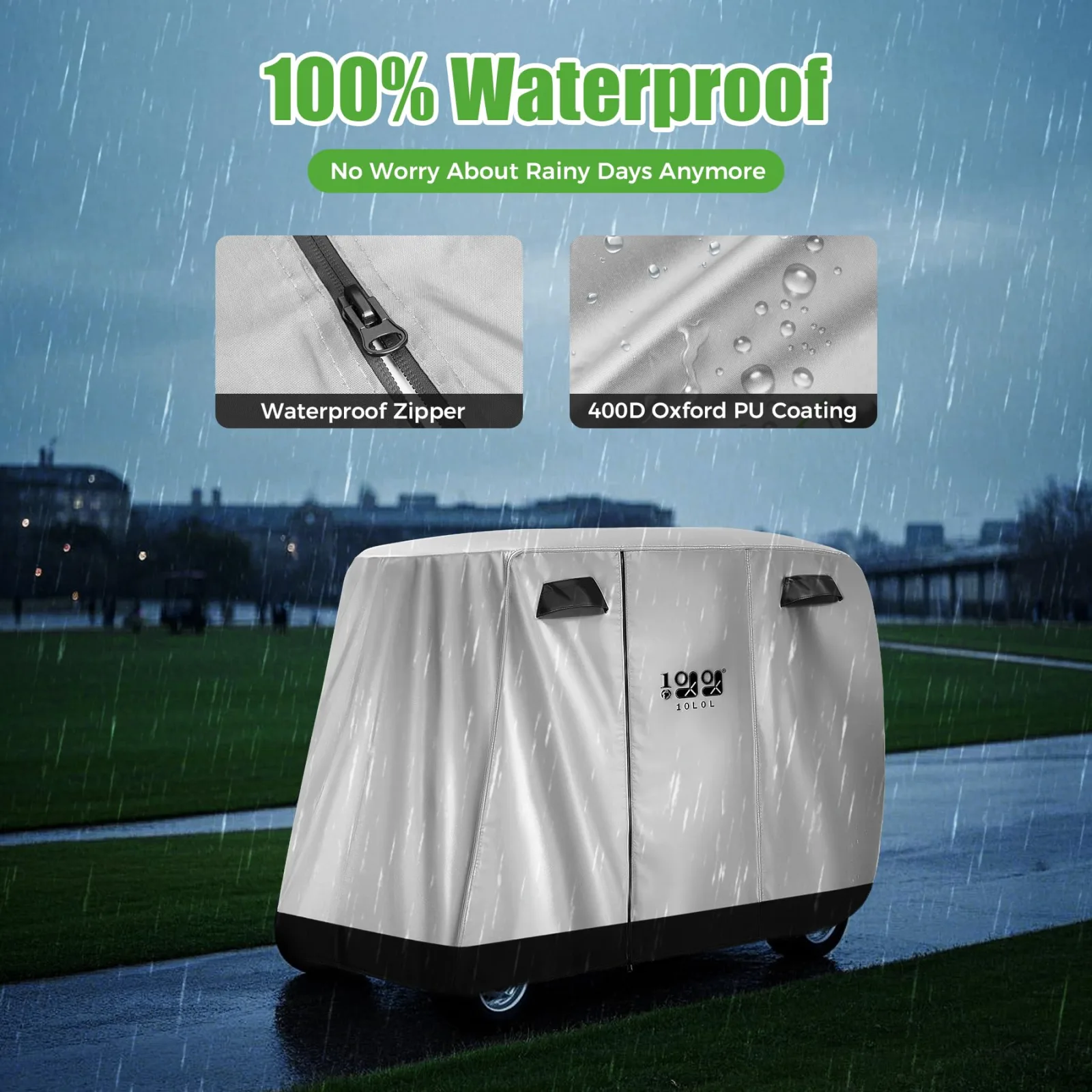 10L0L 4-Passenger Golf Cart Cover 112×48×73 in — 400D Polyester, Silver image 3