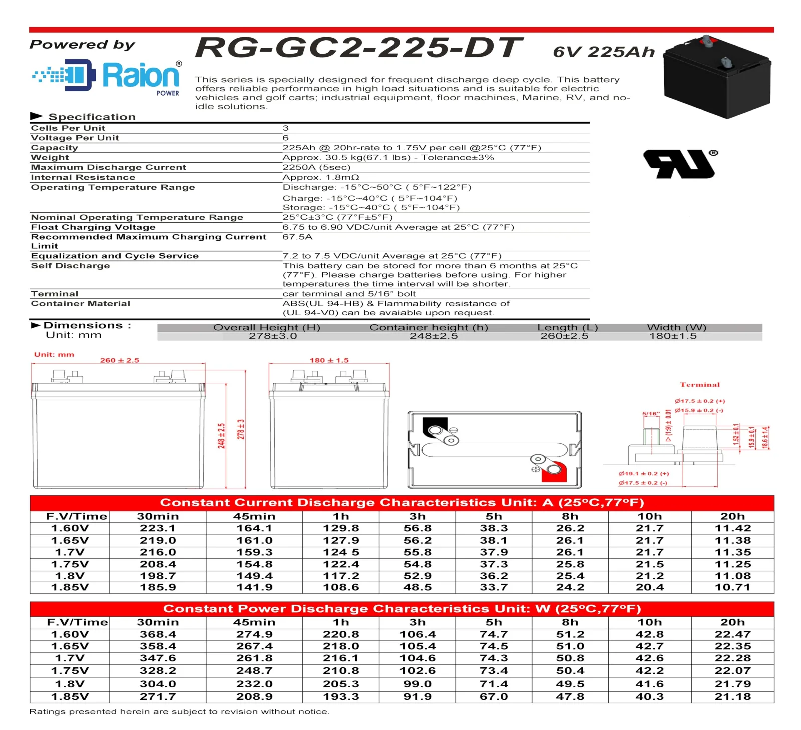 Raion Power RG-GC2-225-DT 6V 225Ah AGM Battery Set image 4