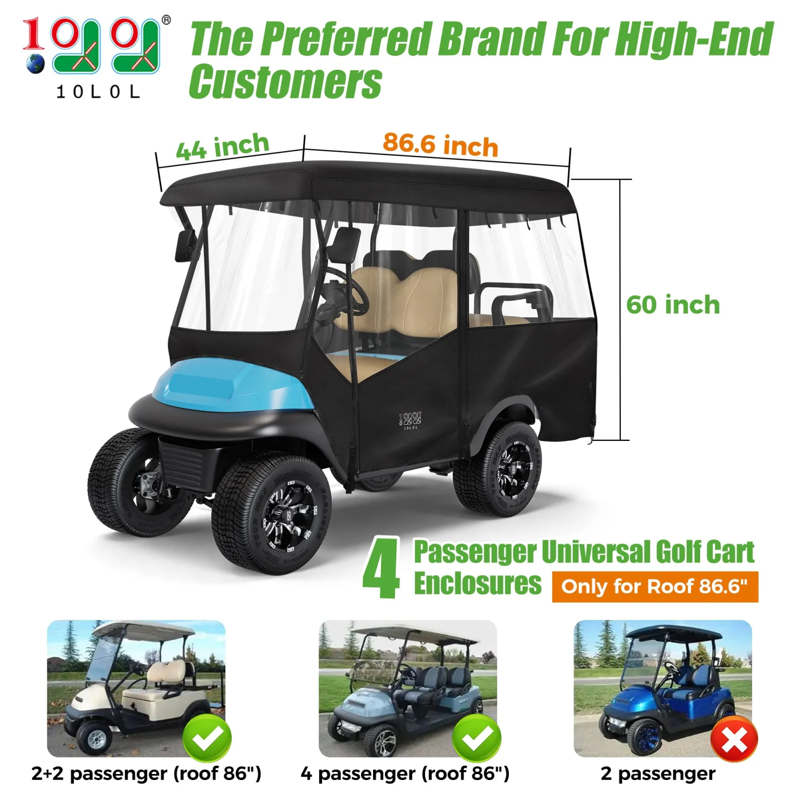 10L0L 4-Passenger Golf Cart Enclosure, 86-Inch Roof image 2
