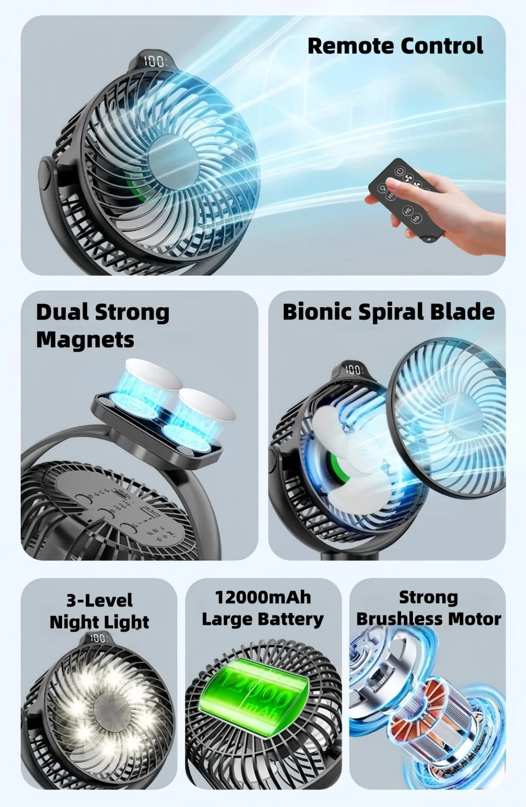 VENSWID YH-F175-LED Rechargeable Magnetic Golf Cart Fan — 2-Pack image 4