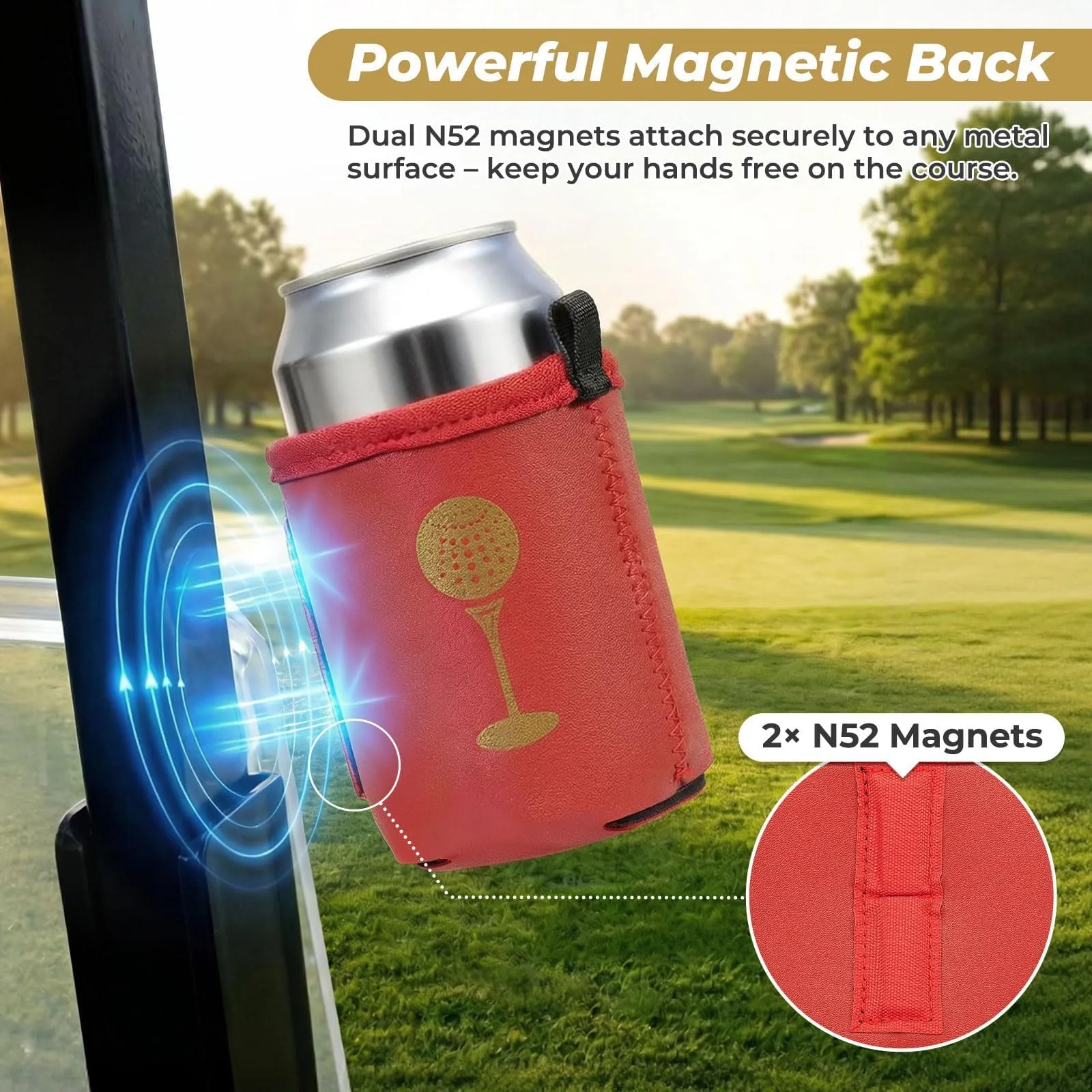 ProSSS Neoprene & Leather Golf Can Cooler Sleeve with Magnets & Carabiner image 2