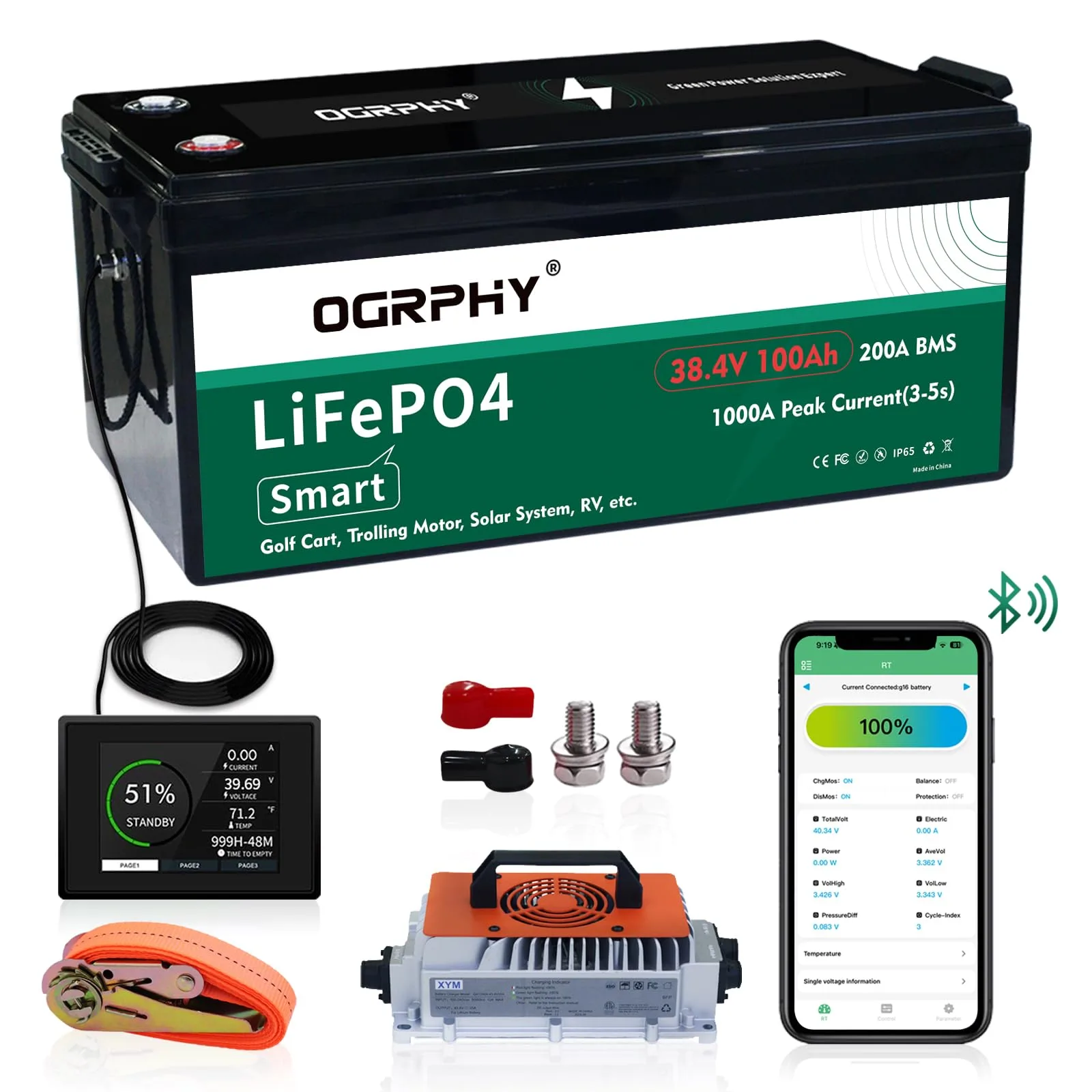 OGRPHY 36V 100Ah Lithium Golf Cart Battery Kit