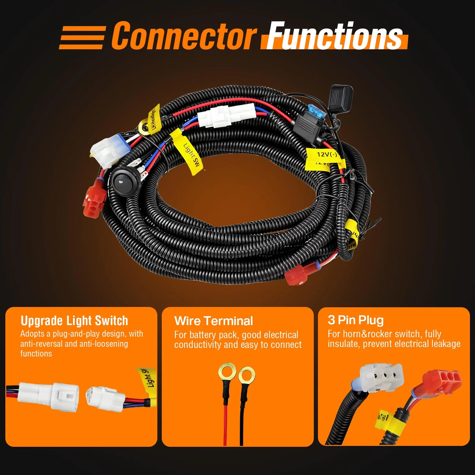 GODCTSUP 3-pin Golf Cart Light Wire Harness — 12V image 2