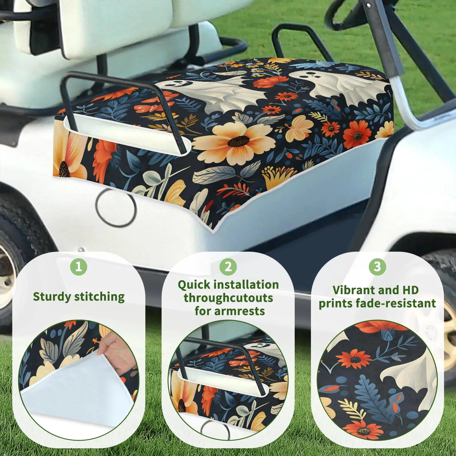 Tiveruda Halloween Floral Ghost 51" x 31" Golf Cart Seat Cover image 3