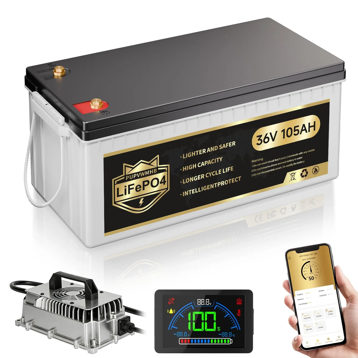 PUPVWMHB W36105C 36V 105Ah LiFePO4 Golf Cart Battery
