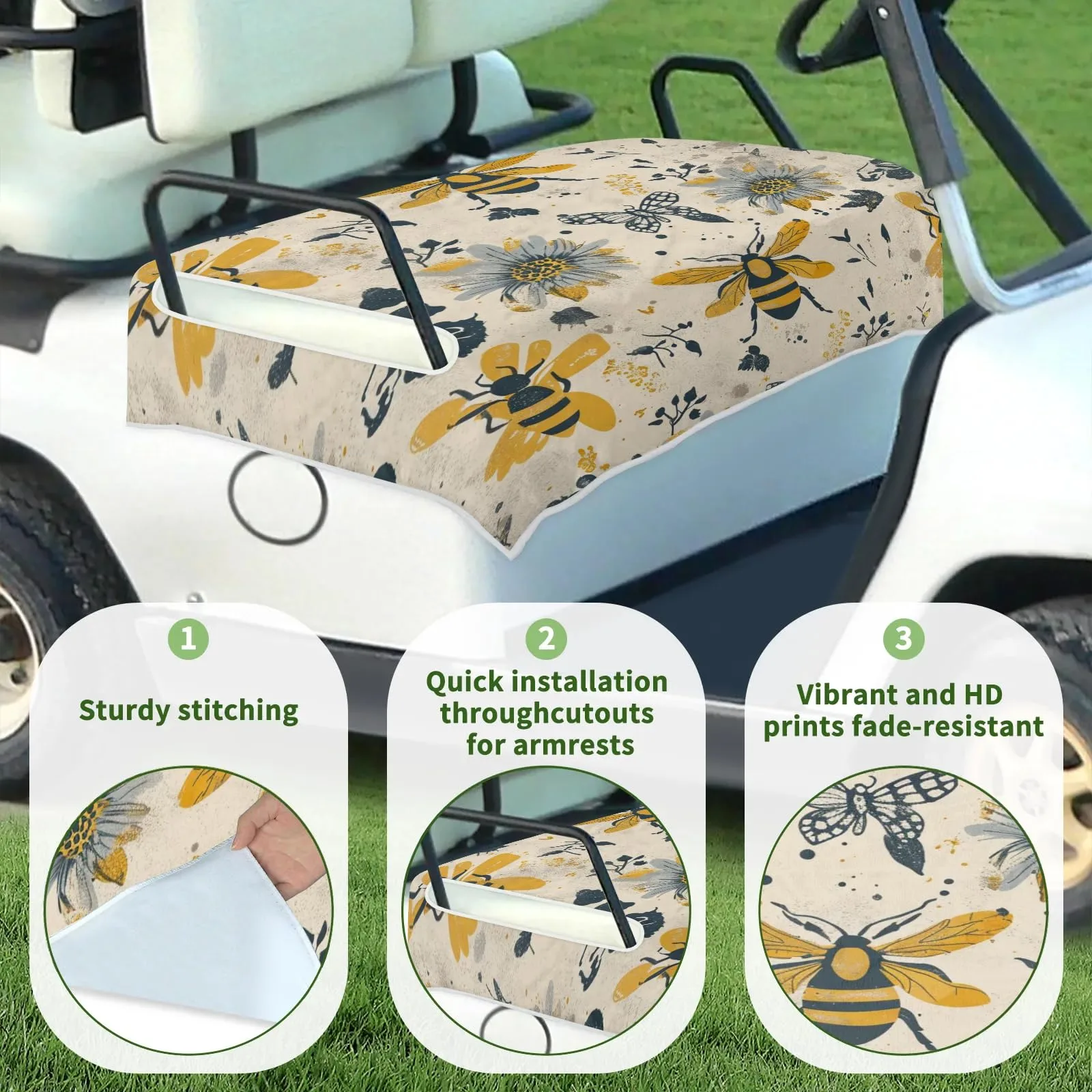 Tiveruda Vintage Bee Flower Golf Cart Seat Cover image 3