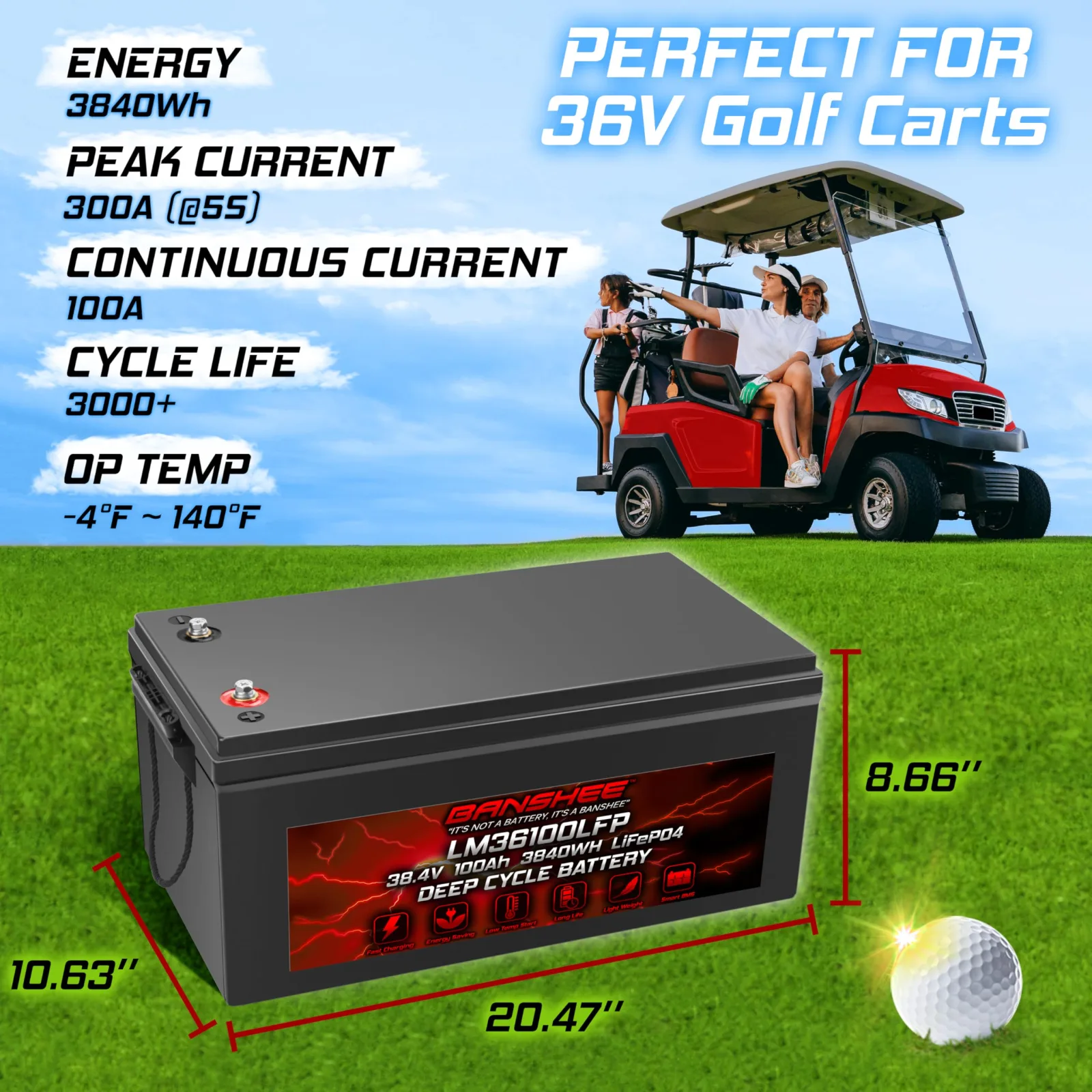 Banshee 36V 100Ah LiFePO4 Golf Cart Battery image 3
