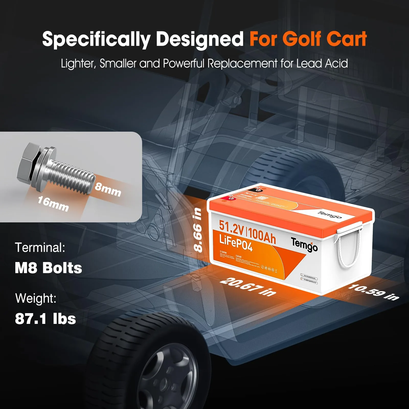 TEMGO 51.2V 100Ah LiFePO4 Golf Cart Battery Kit image 2