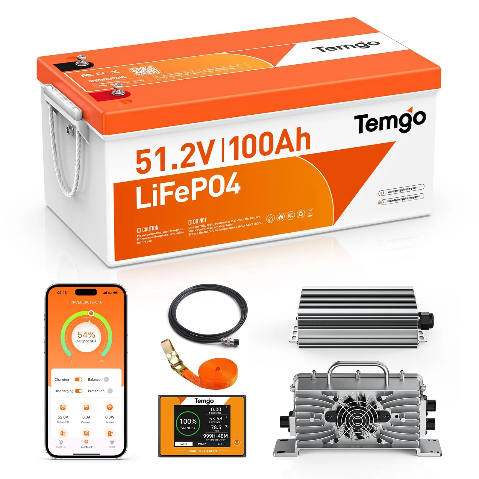 TEMGO 51.2V 100Ah LiFePO4 Golf Cart Battery Kit