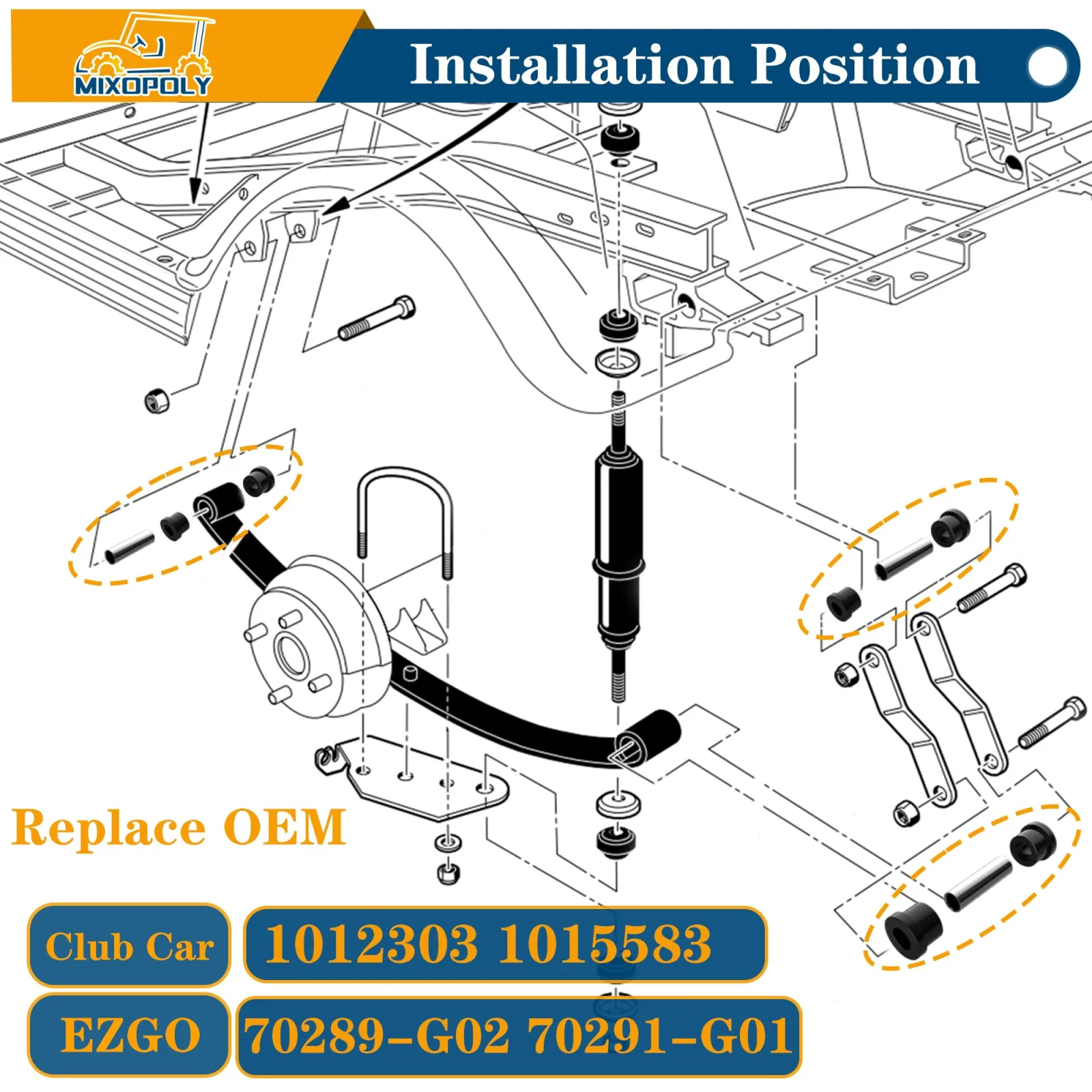 Mixopoly Rear Leaf Spring Bushing Kit for Club Car and E-Z-GO image 2