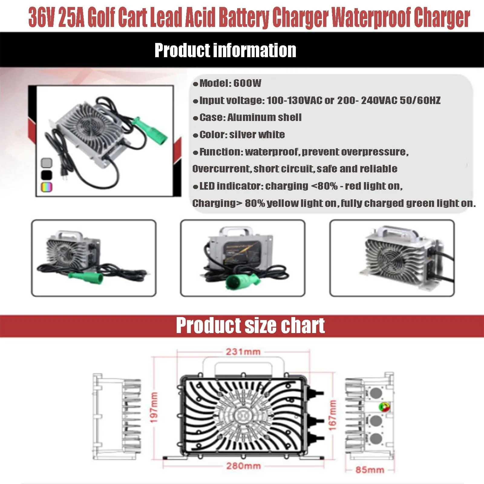 WYSWDJ 36V 25A Waterproof Golf Cart Battery Charger with 3-Pin Round Plug image 3