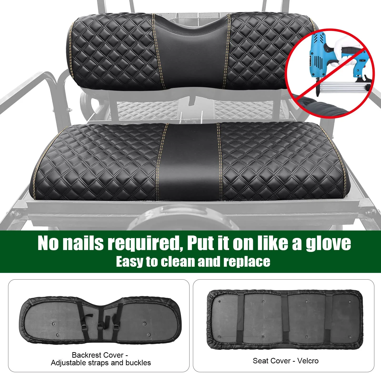 Roykaw Rear Golf Cart Seat Cover Kit G-0306 — Black PVC Vinyl image 3
