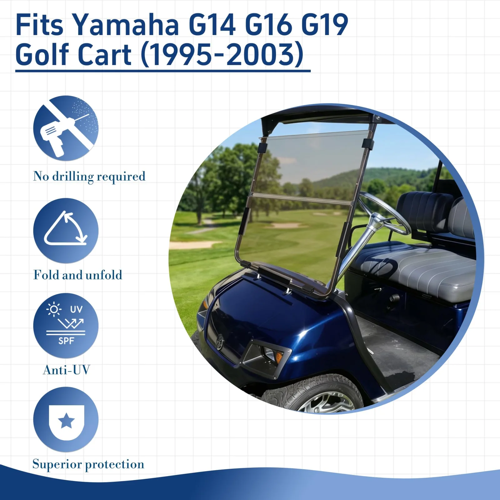 Mixopoly Tinted Foldable Windshield for Yamaha G14/G16/G19 (1995-2003) — 5mm Acrylic image 2