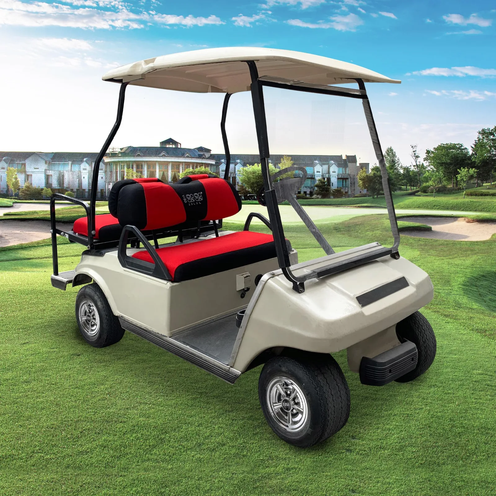 10L0L Golf Cart Front and Rear Seat Covers, Red and Black image 2