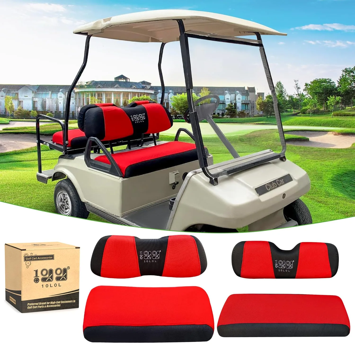 10L0L Golf Cart Front and Rear Seat Covers, Red and Black