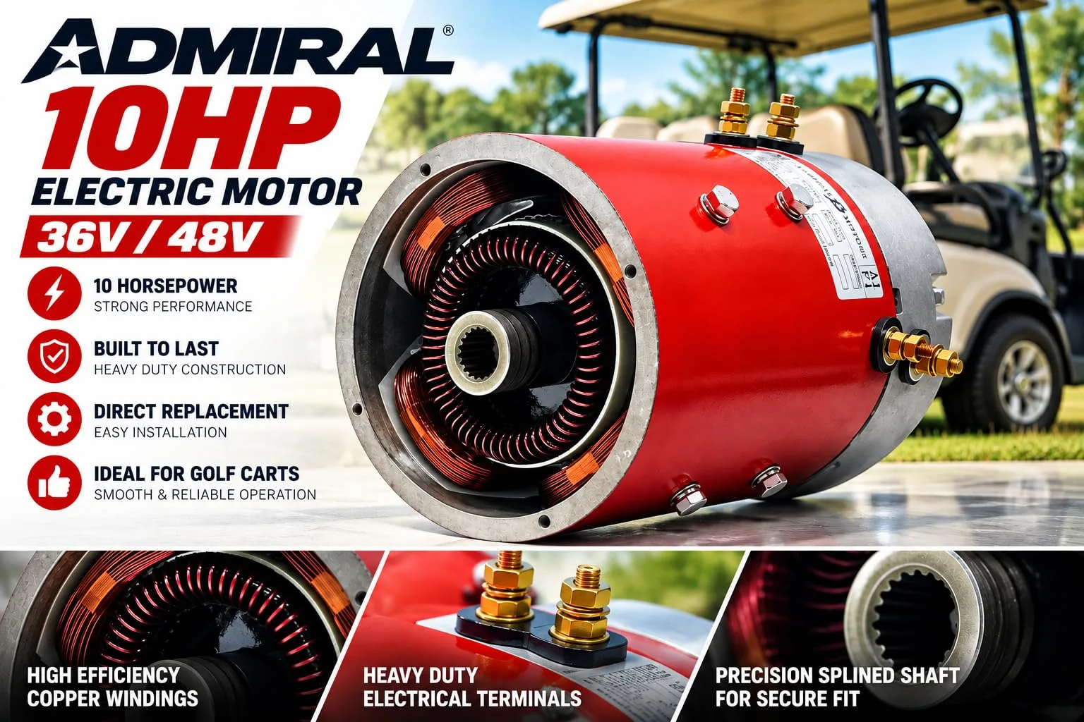 Red Hawk MOT-A2 Admiral 10 HP Shunt Motor – 36/48V (Replaces D390) image 2