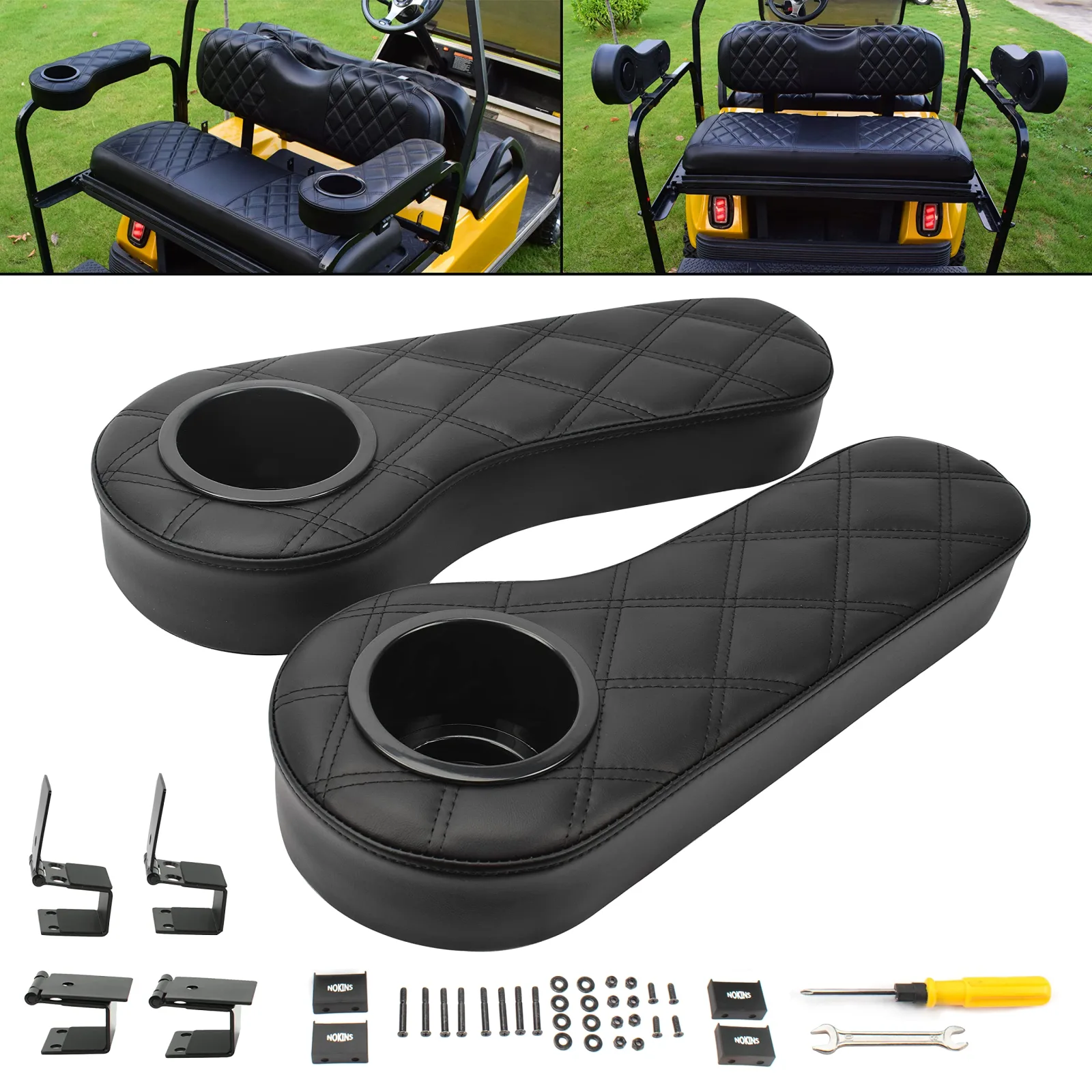 NOKINS Rear Flip Armrests with Cup Holder for Golf Carts
