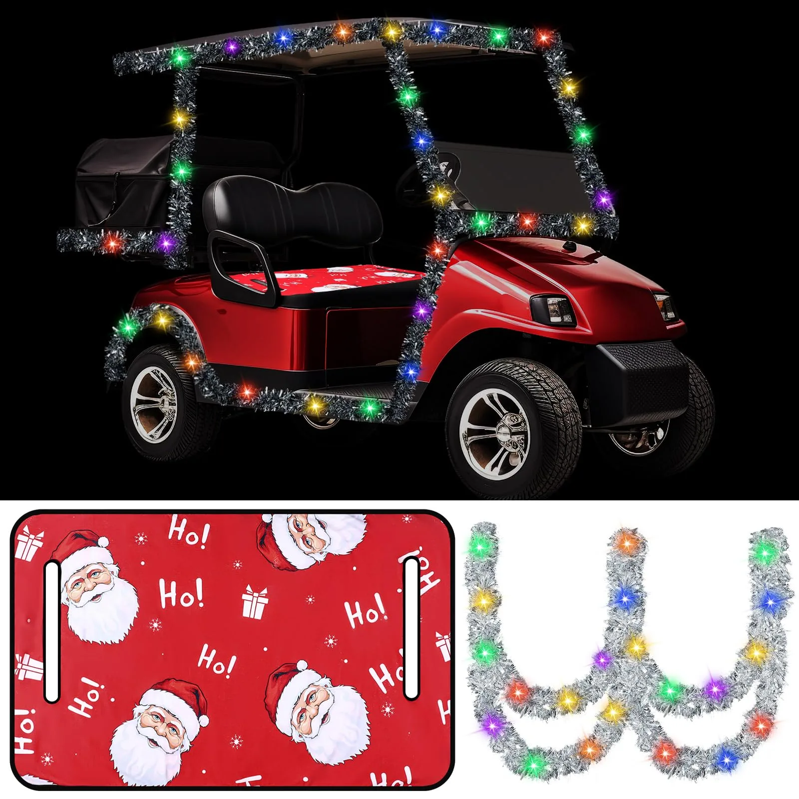 HunnmingRe Christmas Golf Cart Seat Cover & Tinsel Garland - HunnmingRe-goh-0335