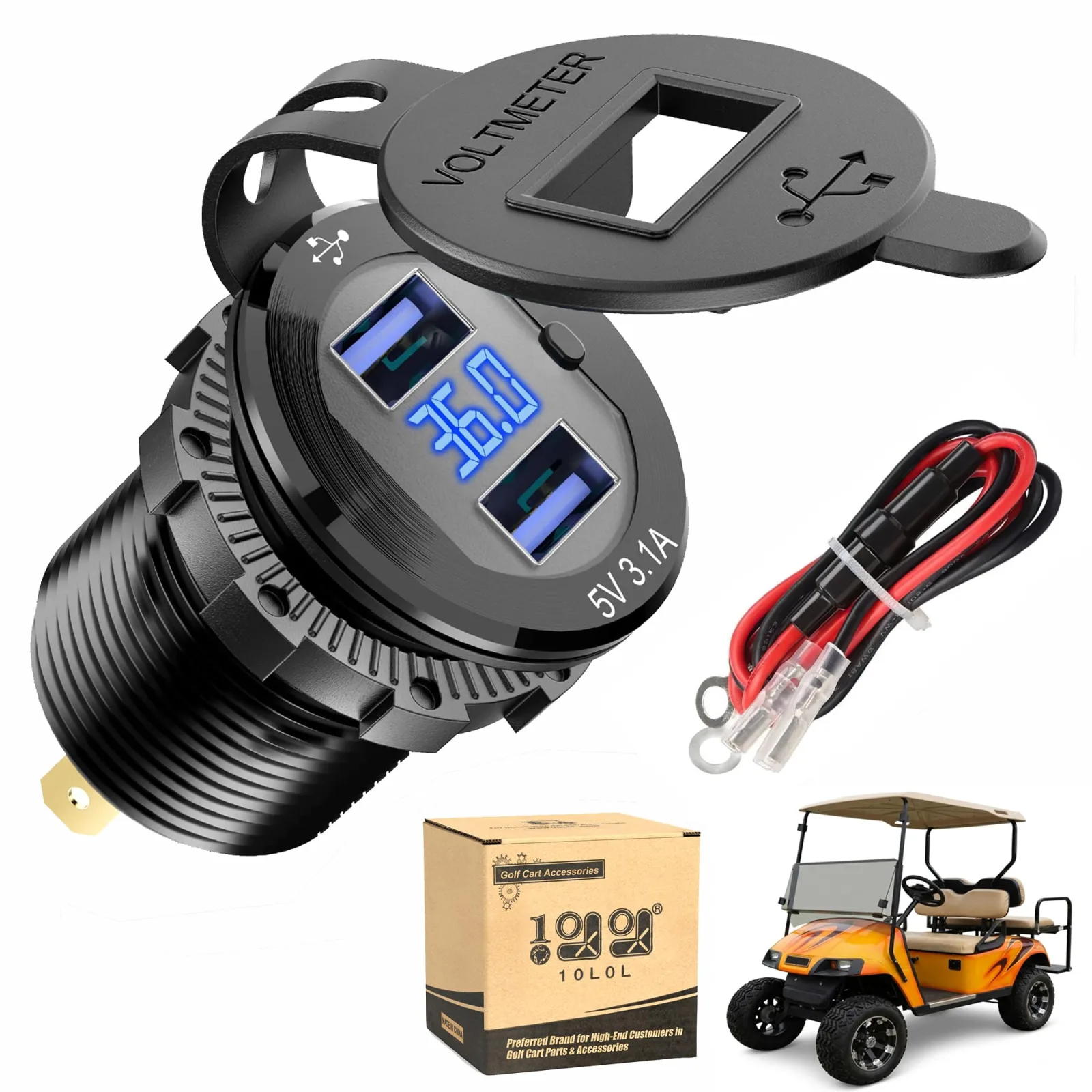 10L0L Golf Cart USB Charger with Voltmeter, 12V-48V