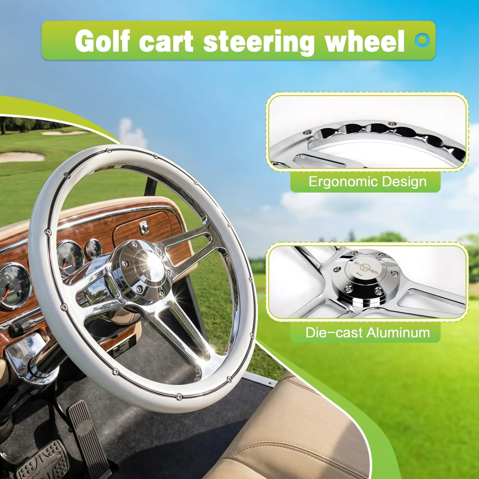 N2MU 13.8-Inch Golf Cart Steering Wheel, White image 2