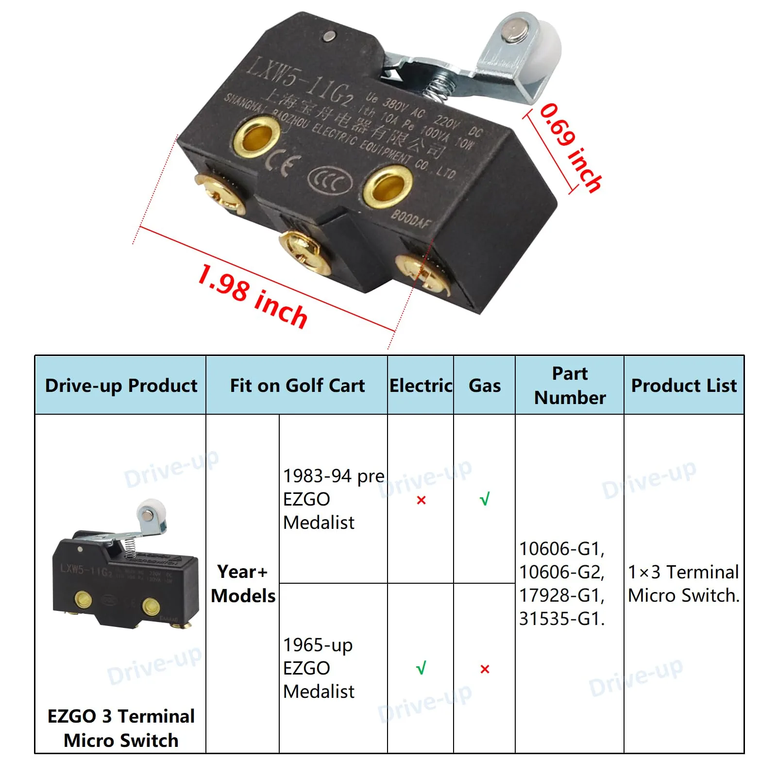 DRIVE UP E-Z-G-O Accelerator Micro Switch 10606-G1 image 4
