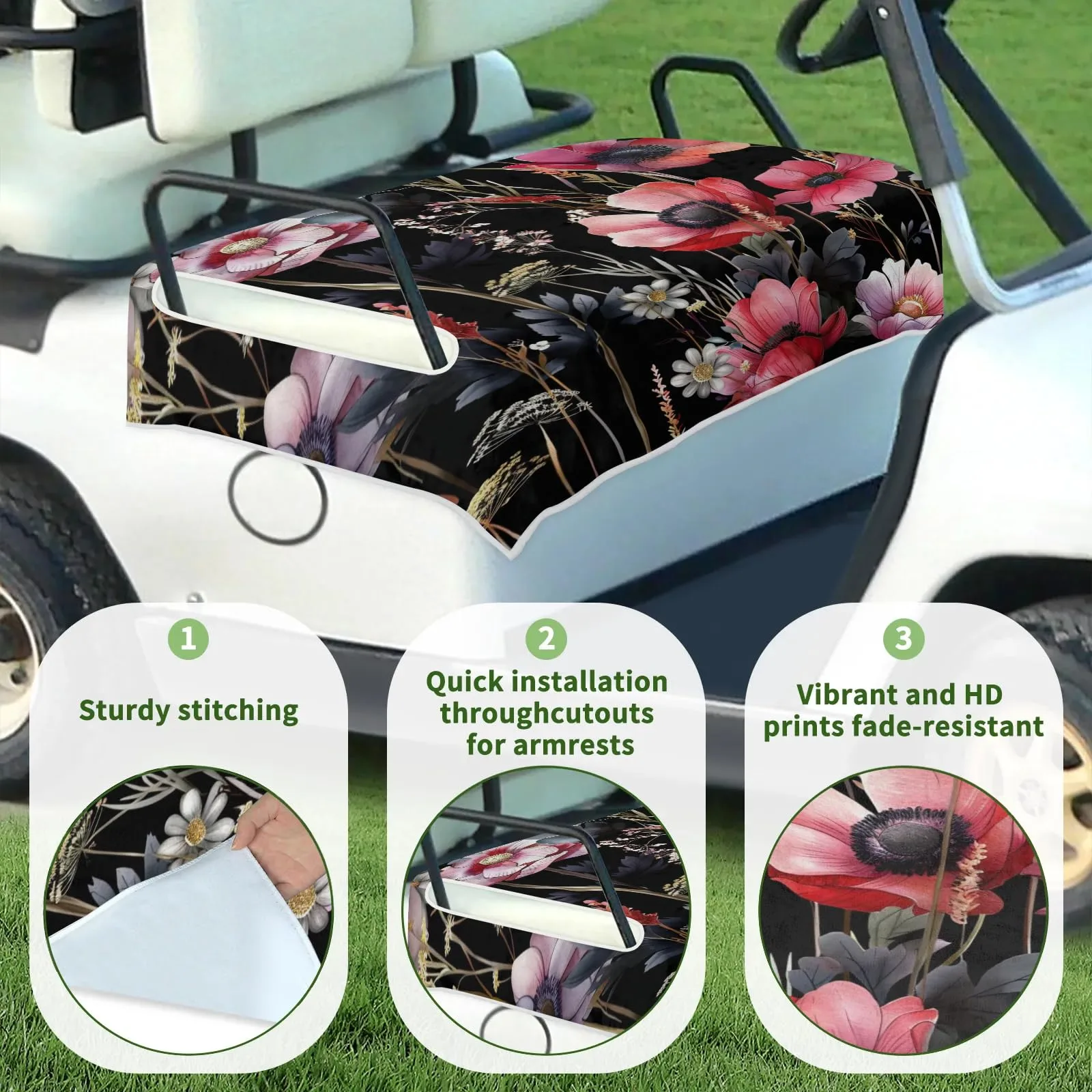 Tiveruda Black Floral Golf Cart Seat Cover, 51 x 31 in image 3
