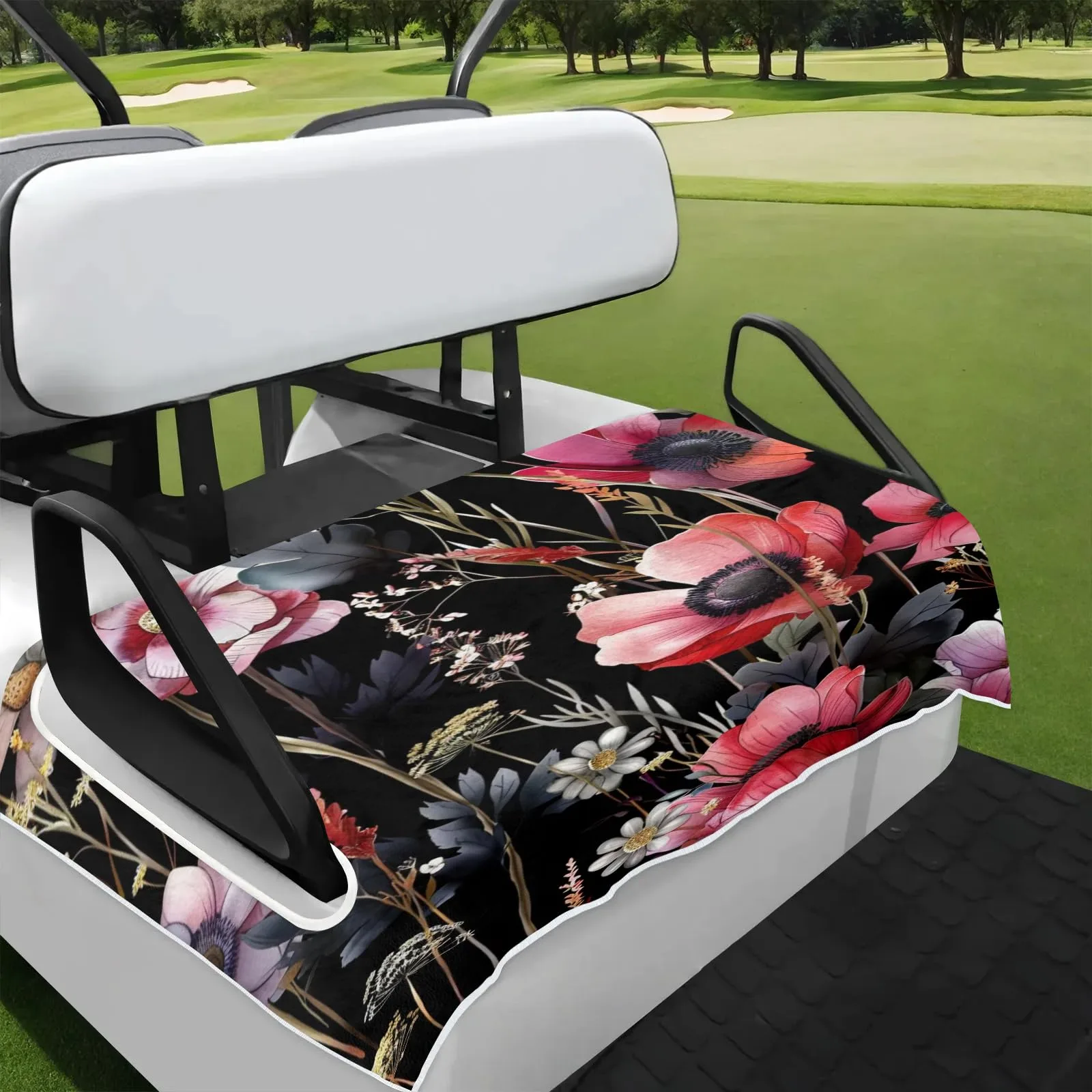 Tiveruda Black Floral Golf Cart Seat Cover, 51 x 31 in