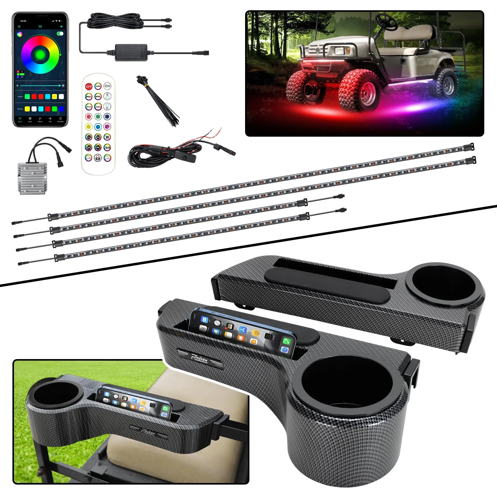 Roykaw Golf Cart Armrests with Cup Holders and LED Lights