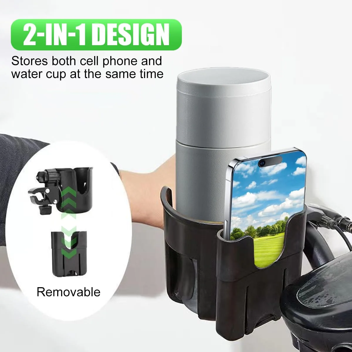 Golf Cart Cup Holders, Universal 2-in-1 Mug Phone Holder, Mount Compatible with EZGO/Club Car/Yamaha, 360° Swivel with Silicone Protective Pad, Bike, Wheelchair, Walker, Scooter image 2