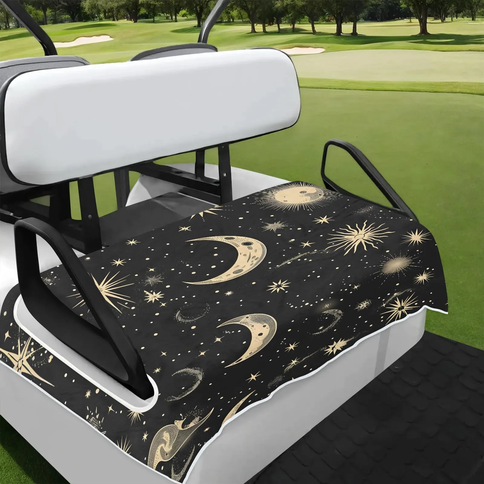 Retro Black Moon Golf Cart Seat Covers Non-Slip Universal Towel Blanket for 2-Person Seats Golf Cart Accessories 51" x 31"