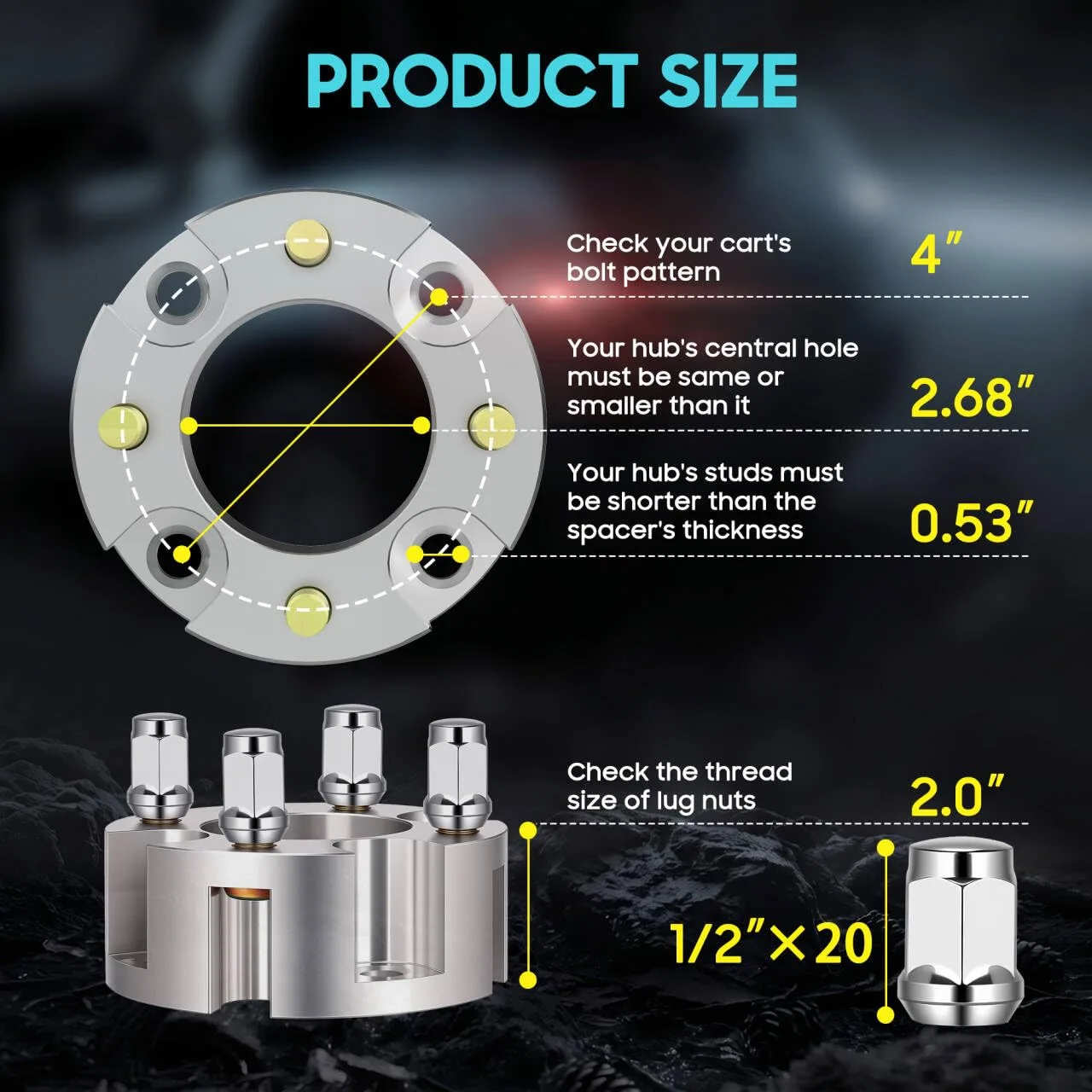 10L0L 2-Inch Golf Cart Wheel Spacers with Lug Nuts image 4