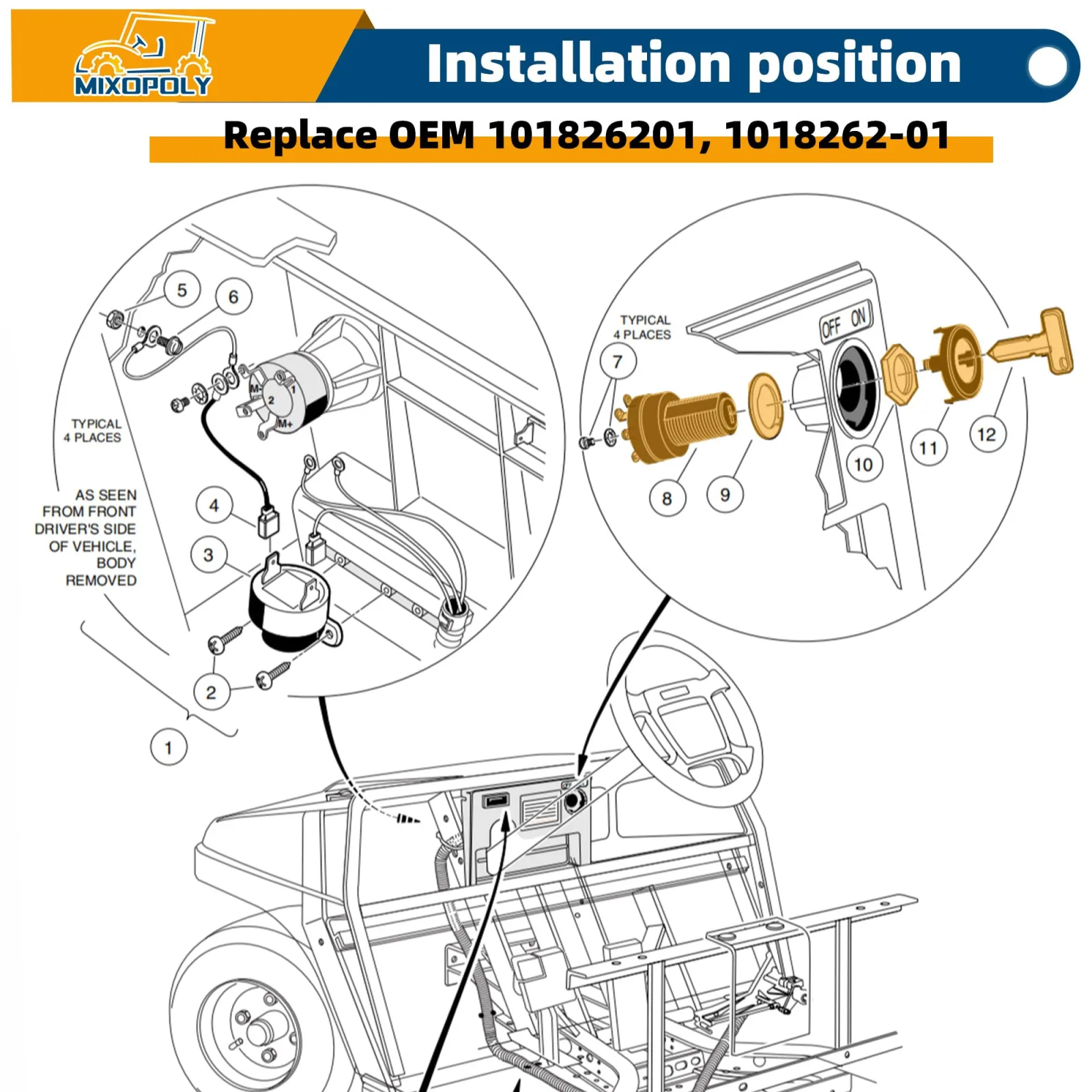 Mixopoly Ignition Key Switch for Club Car DS & Limo — 101826201 image 2