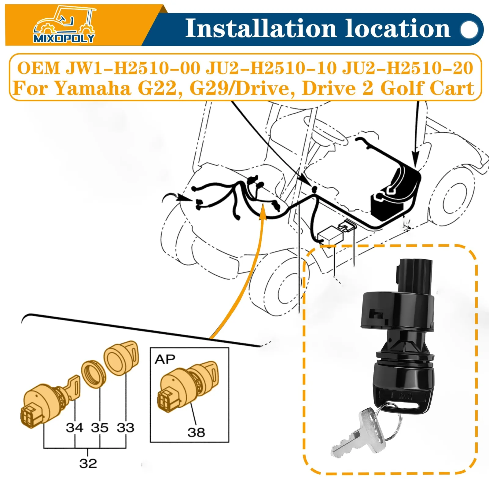 Mixopoly Yamaha Golf Cart Ignition Key Switch Assembly image 2